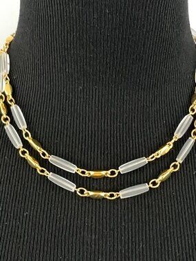 CROWN TRIFARI vintage necklace - 35.5" long clear acrylic bead gold-tone station